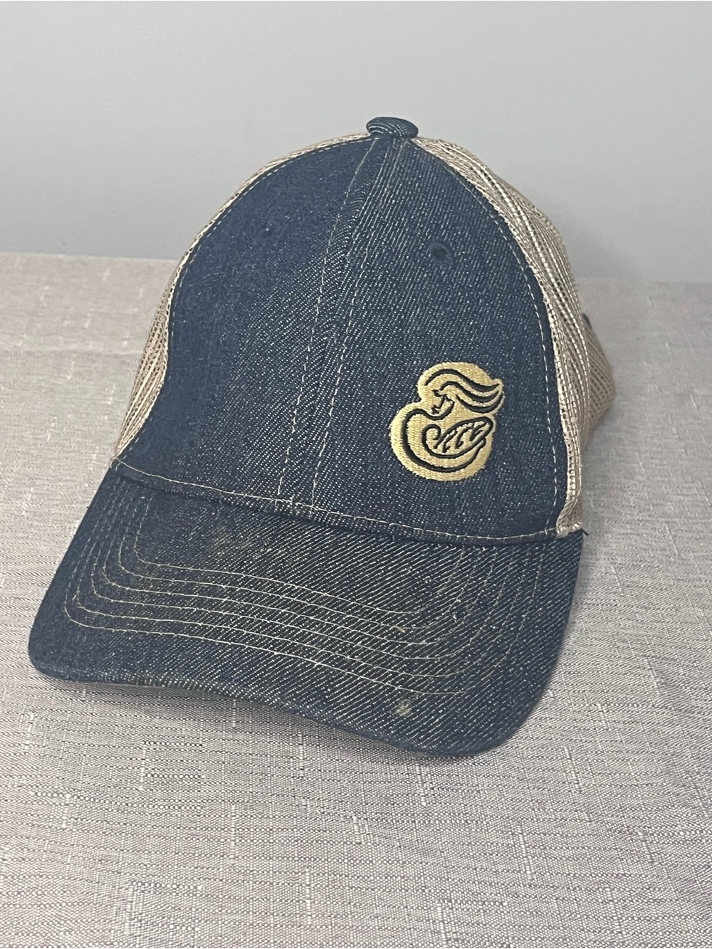 Denim Trucker Hat with Gold Embroidered Logo